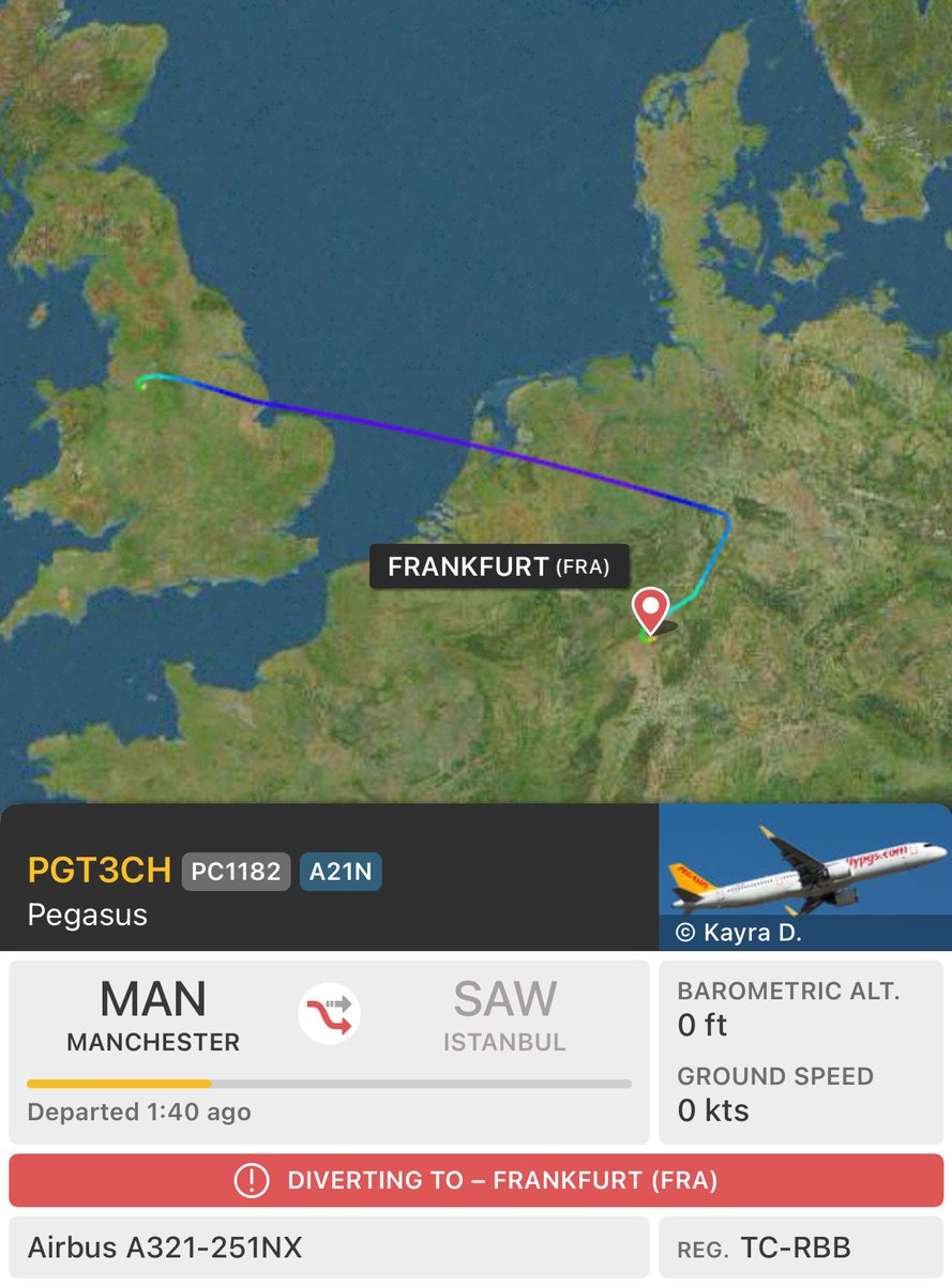 HavaSosyalMedya's tweet photo. Pegasus’un #PC1182 Manchester Sabiha Gökçen uçağı henüz bilinmeyen bir sebeple Frankfurt’a divert etti. Detaylar gelecek. https://t.co/PDDJ5RGn5N