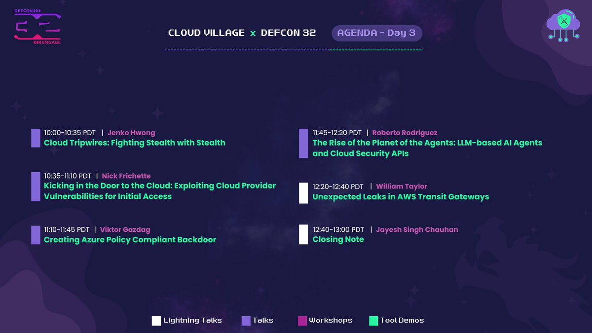 And that's how the final day of Cloud Village at <a href="/defcon/">DEF CON</a> 32 looks like.
Have a look at our agenda.

#dc32 #defcon32 #CloudVillage
