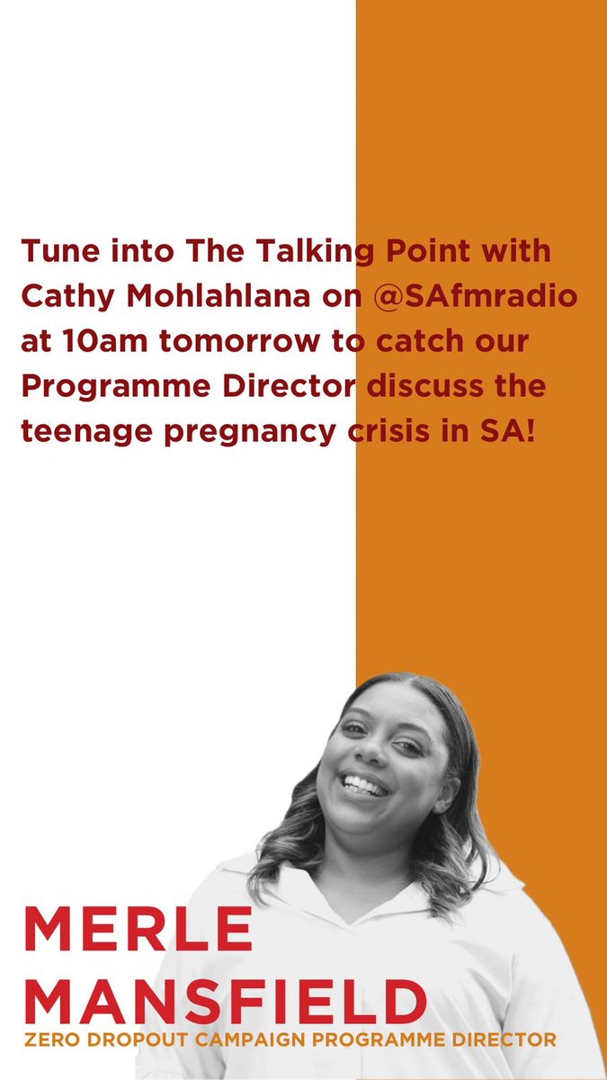 Zero Dropout Campaign (@zeroxdropout) on Twitter photo Tune into The Talking Point with <a href="/CathyMohlahlana/">Cathy Mohlahlana</a> on <a href="/SAfmRadio/">SAfmRadio 📻</a> at 10am tomorrow to catch our Programme Director discuss the teenage pregnancy crisis in SA! Tune into The Talking Point with <a href="/CathyMohlahlana/">Cathy Mohlahlana</a> on <a href="/SAfmRadio/">SAfmRadio 📻</a> at 10am tomorrow to catch our Programme Director discuss the teenage pregnancy crisis in SA!