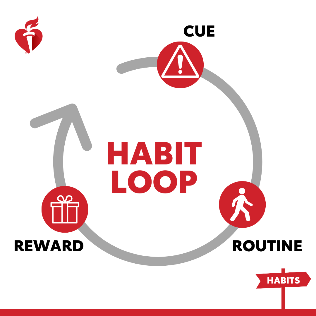 American_Heart's tweet photo. When your brain creates a habit, it needs three things: a cue, a routine, and a reward. This is called a habit loop. Here’s how you can use the process to create #HealthyHabits that stick. https://t.co/x3SRz65xmO