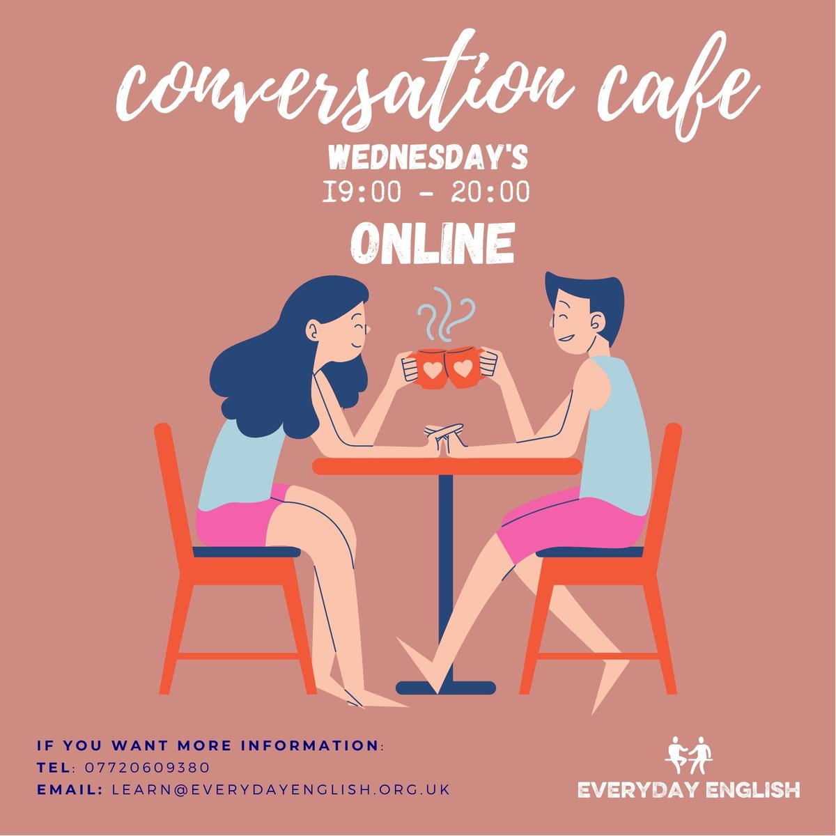🌍🗣️ Join Our Online ESOL Conversation Cafe! ☕💬
Are you looking to practice your English, meet new people, have engaging conversations from the comfort of your home? Look no further! Our Online ESOL Conversation Cafe is the perfect place for you. 
📅 Every Wednesday 7-8pm