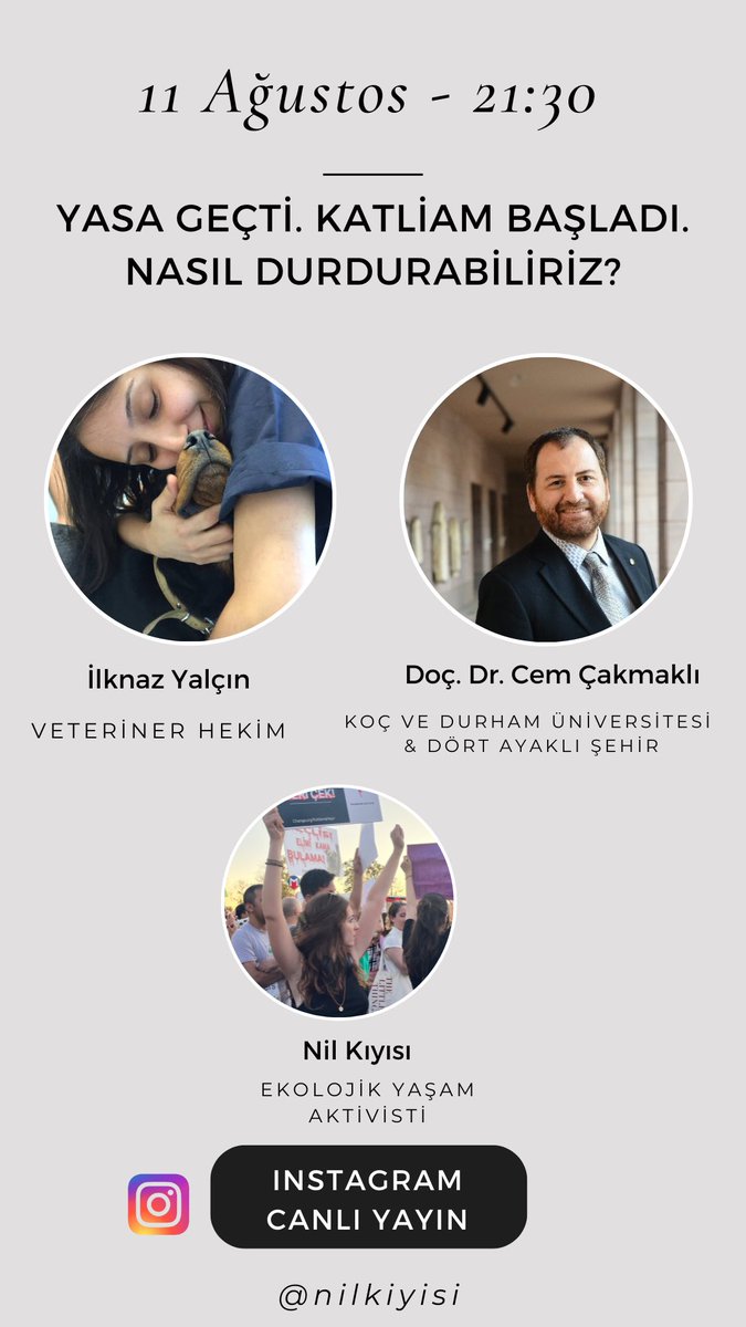 Bu akşam veteriner hekim İlknaz Yalçın ve <a href="/dortayaklisehir/">dört ayaklı şehir</a> ‘den ekonomist Doç. Dr. Cem Çakmaklı ile katliam yasasını ve nasıl durdurabileceğimizi konuşacağız.

#KatliamYasasınıTanımıyoruz 
#YaşamİçinYasa #YasaDeğilCinayet
#AltındağdaKatliamVar