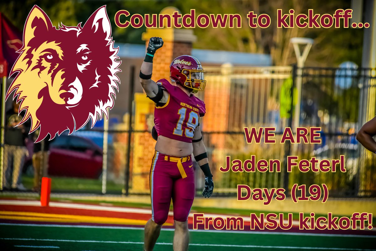 A day late, but YESTERDAY we were <a href="/JFet44/">Jaden C. Feterl</a> (19) days from <a href="/NSUWolves_FB/">Northern State Football🐺 🏈</a> kickoff! The countdown continues for the Wolves to open their season in Vermillion against the 'Yotes!