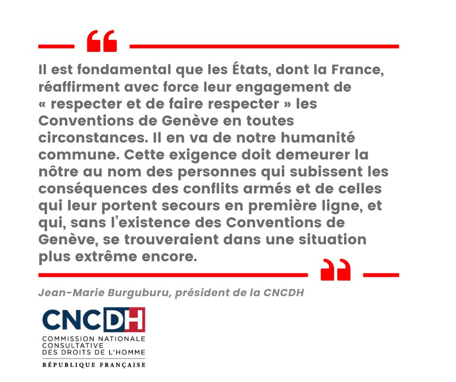 CNCDH's tweet photo. #DIH #Humanitaire #Droitshumains 
Il y a 75 ans étaient adoptées les quatre Conventions de Genève. Réaffirmons que ces textes sont essentiels pr préserver l'humanité au cœur des conflits, pr protéger toutes les personnes affectées par les conflits. 
👉 https://t.co/OCK5xXEBFa https://t.co/mFE0PiGD5W