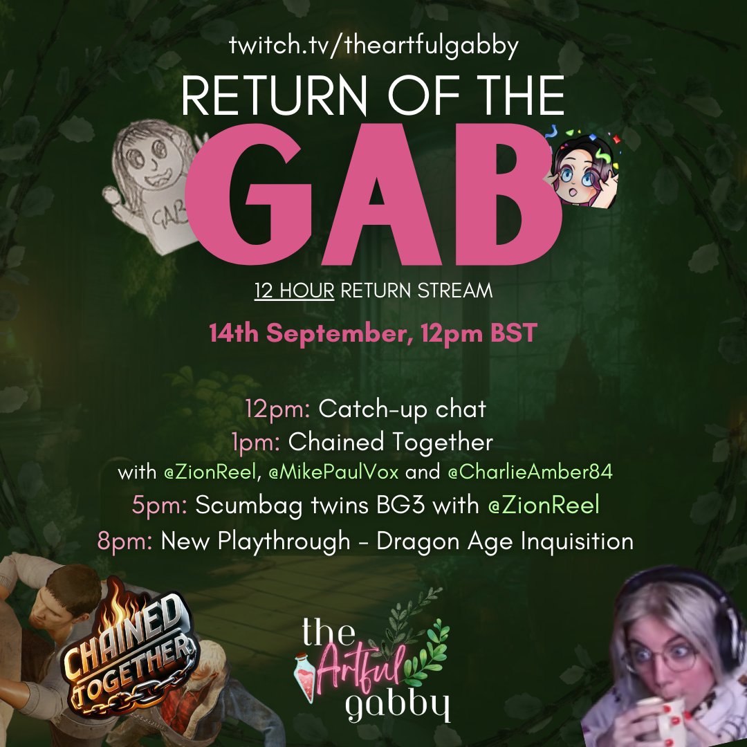 theartfulgabby's tweet photo. I'm returning to streaming on the 14th September at 12pm BST! 🥳🎉

Join me for a 12 hour return stream party, including some Chained Together, BG3 and Dragon Age! 👋 https://t.co/ibp2k9Dyni