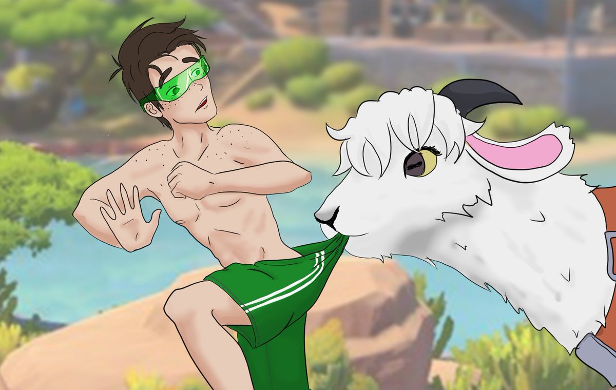 ThatsNotMyLegB's tweet photo. Stev returning to Sandrock after being released from prison for good behavior, just in time for a swim party at thee newly restored oasis
Stev: "Oh, a... goat?"
Merle: 👀
Stev: "..."
Merle: 😈
Stev: "!!!"
#MyTimeatSandrock #mtas #stev #fanart https://t.co/IGQGuWPtfb