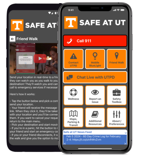UTPublicSafety's tweet photo. 📱NEW Safety App: @UTKnoxville has updated to a new mobile phone safety app, Safe at UT:

🔸Friend Walk 
🔸Reach @UTPolice via emergency call or text
🔸Access Wellness resources 
🔸Maps/Parking &amp; Transit resources 
🔸Mobile Blue Light

Download 📲https://t.co/vt4mjTFxIK https://t.co/OKSdCX6JdO