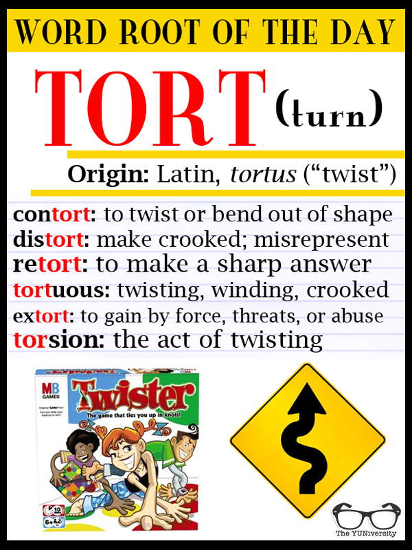 The_YUNiversity's tweet photo. TORT (turn, twist) ↩️↪️
   
Example words:   

• contort 
• distort 
• retort 
• tortuous 
• extort  
• torsion  

#vocabulary #wordroot https://t.co/7KEF2oxfF9