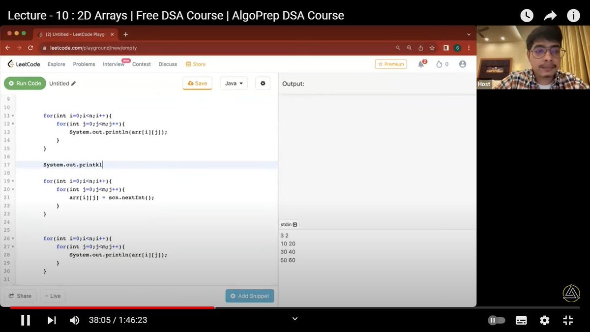 Tusharvirat91's tweet photo. #day11 of learning DSA with algoprep.
I just learned the concept of 2D ARRAY, also learned how to take 2D ARRAY as input from the user and solved some problems of 2D ARRAY.
#nishantchahar #algoprep #100daysofcode #codefor30days #Java #DSA #datastructure https://t.co/R87dEWofuj