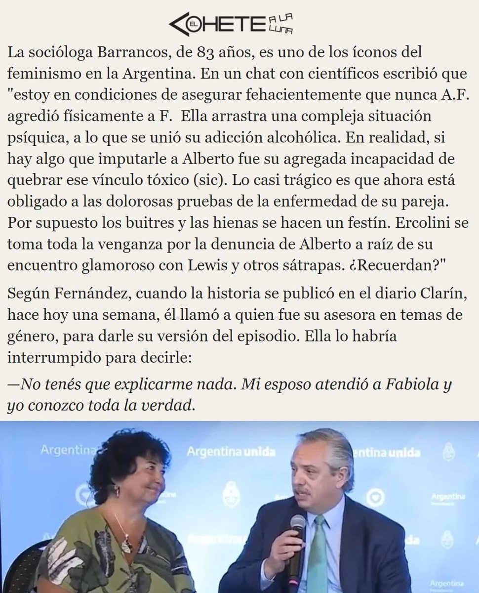 jdoedoe101101's tweet photo. ¿Dónde quedó el "hermana, yo te creo"?

Dora Barrancos, quien presidió el CONICET durante el kirchnerismo, dice en una nota para el medio de Horacio Verbitsky que Fabiola era drogadicta y que se está inventando todo.

Hay una denuncia, hay pruebas... inocente hasta que se pruebe lo contrario pero esta es la peor defensa que escuché en mi vida.