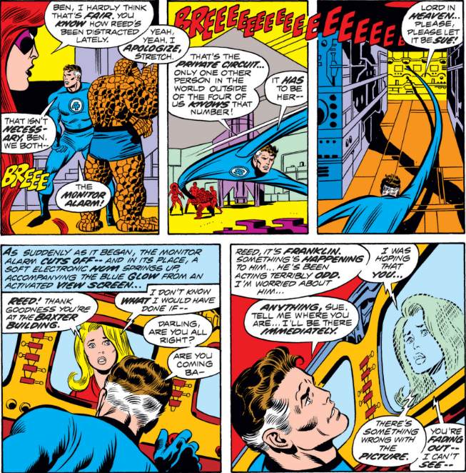 MarvelADay's tweet photo. #MarvelADay #FF140 Back in the Baxter Building, Stretch reacts desperately to Sue's call, and she is frantic with worry about Franklin. Both of them are a bit high-strung, IMHO, and the dropped call doesn't help. - crs https://t.co/W0gk4cvHSX