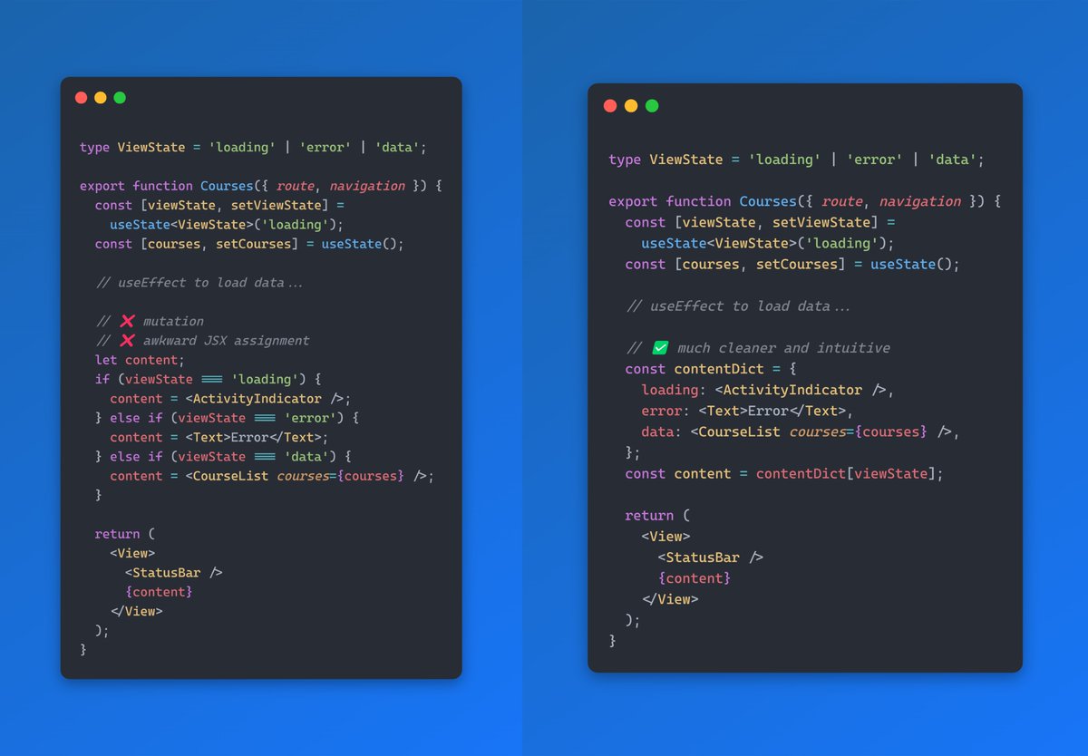 codingbeautydev's tweet image. Problem: You want to render JSX in React based on UI state -- loading, error, success, etc.

❌ if statements: awkward JSX assignment

✅ key-value object: clean and intuitive