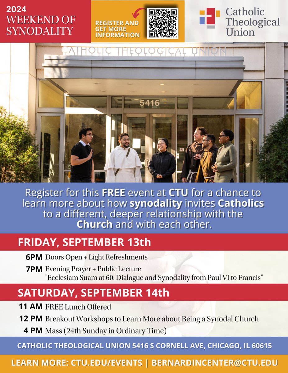 Come learn abt #synodality in the #CatholicChurch   Sept. 13-14.

Refreshments &amp; food Fri before a public lecture about <a href="/Pontifex/">Pope Leo XIV</a>'s vision. Sat, free lunch before breakout workshops on synodal topics, then Mass for the wknd. In person &amp; online.

Register ctu.edu/events
