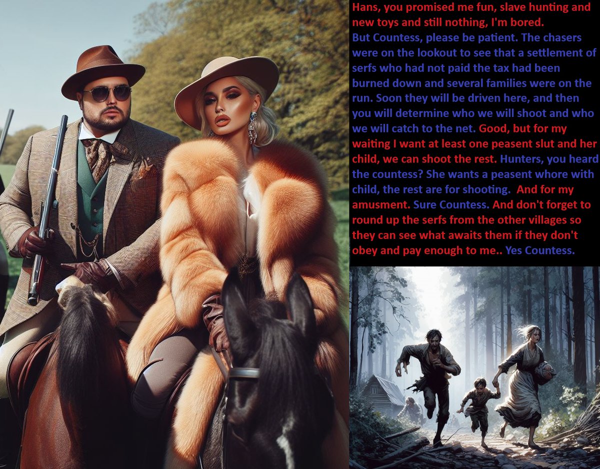JesterforQ's tweet photo. Rich, mighty and sadistic countess with her friend on Hunting serfs (picture generated by AI) https://t.co/9DTHlLX20L