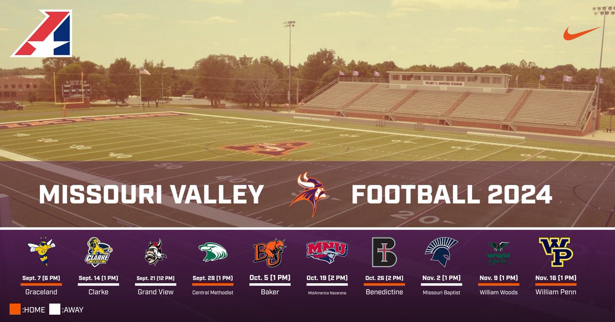 The official 2024 MVC football schedule is out! 

Let’s fill the stands and support our Viking football team!

*Important events- 

September 28- Family weekend 
October 26- Homecoming
November 16- Senior day