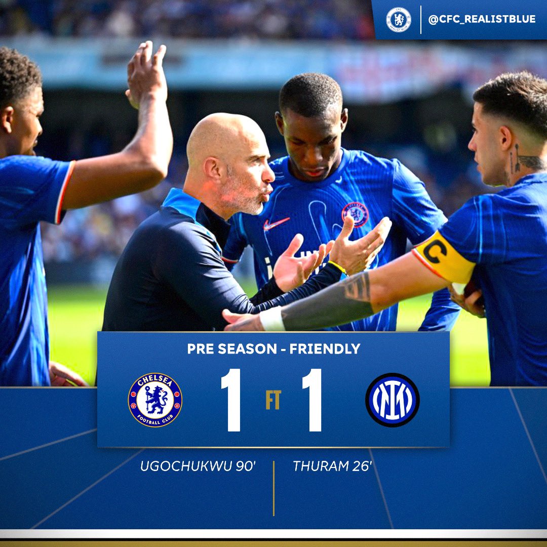 CFC_RealistBlue's tweet photo. FT: CHELSEA 1-1 INTER MILAN 🔵

Enzo Maresca’s first game at Stamford Bridge ends in a 1-1 draw. Ugochukwu scored the goal ⚽️.

Thoughts?

Follow @cfc_realistblue👈🏿
Follow @cfc_realistblue👈🏿

#CFC #CHEINT https://t.co/5yoDaRinpF