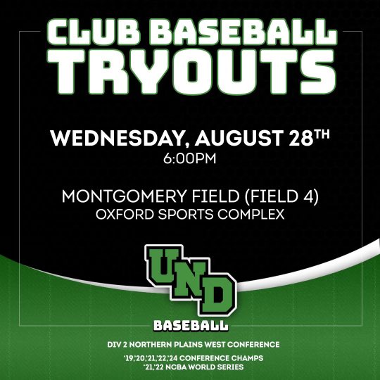 Tryouts are almost here! If you want to continue playing competitive baseball while attending UND, Club Baseball is the perfect opportunity for you. For more information visit us at the student organization fair on Sunday August 25th, or DM us with any questions.