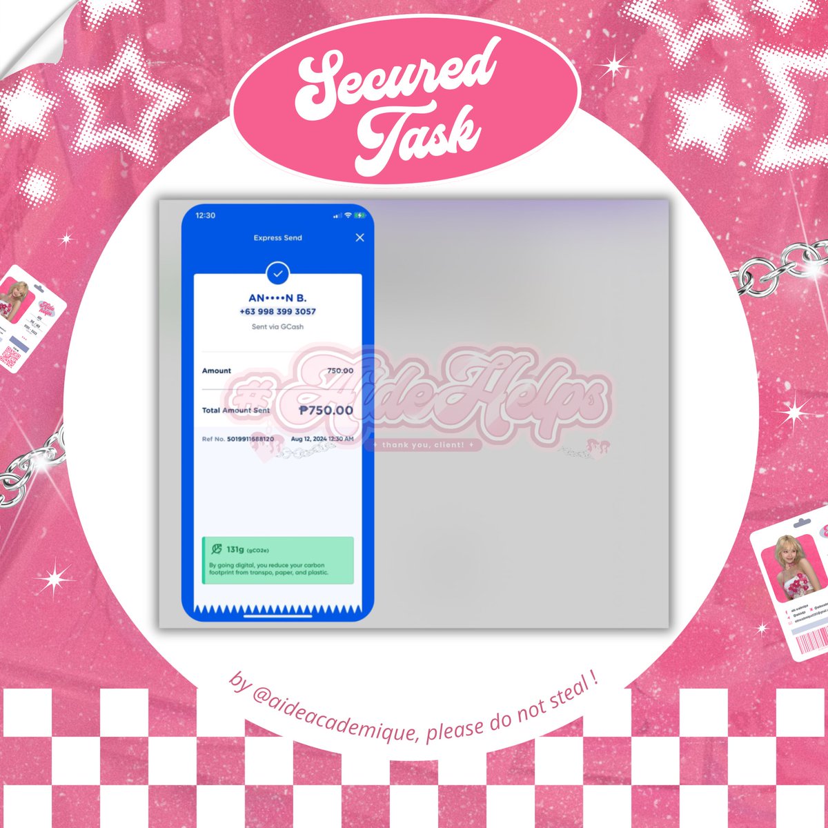 ⋆˚࿔ #securedtaskbyaide 🎟️ 𝜗𝜚˚⋆

          ⊹₊⟡⋆    𝘁𝗮𝘀𝗸 𝗶𝗻𝗳𝗼𝗿𝗺𝗮𝘁𝗶𝗼𝗻𝘀;
                  task : infographics
                  price : 700 + 50 tip
                  status : on-going
                  new/returning : new client