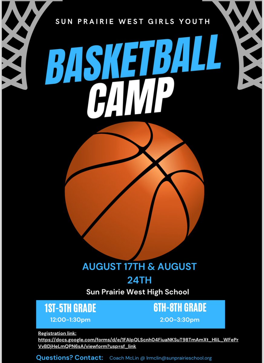 FREE 🏀 Camp for girls in the Sun Prairie area Hosted by Sun Prairie West Girls Basketball Coaches and players!!!
Sign up here —> docs.google.com/forms/d/e/1FAI…
