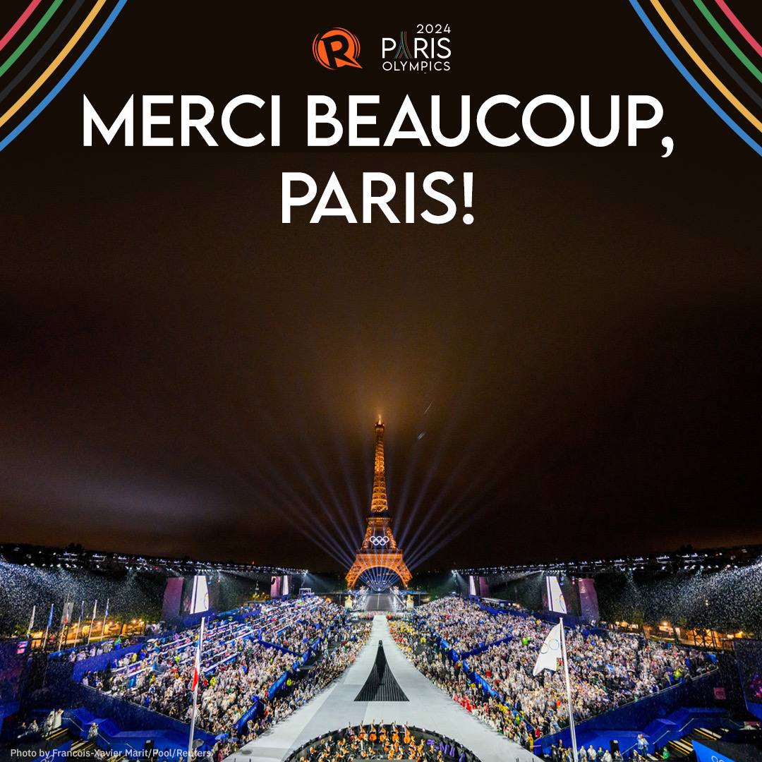 rapplerdotcom's tweet photo. MERCI, PARIS! 🇫🇷🔥

Congratulations to Paris, France, for a successful hosting of the 2024 Summer Olympics!

The Philippines ends #Paris2024 with two golds and two bronzes to net its all-time best medal haul and highest Olympic ranking in six decades. https://t.co/ZrAZdkaTDb https://t.co/buGlC0gWX1