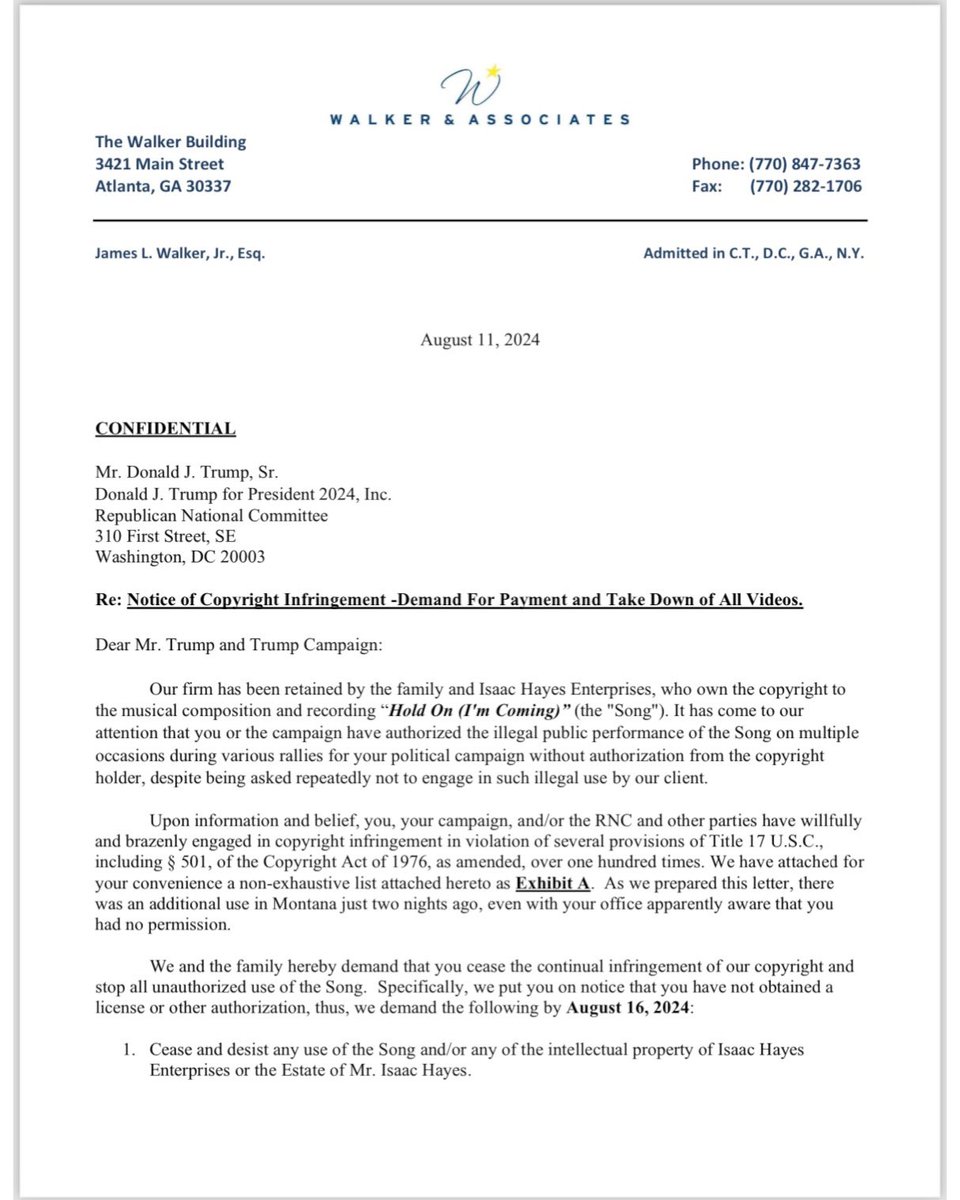 IsaacHayes3's tweet image. We the family of @isaachayes Isaac Hayes Enterprises, represented by Walker &amp;amp; Associates, are suing @realDonaldTrump and his campaign for 134 counts copyright infringement for the unauthorized use of the song “Hold On I’m Coming” at campaign rallies from 2022-2024. 

We demand…