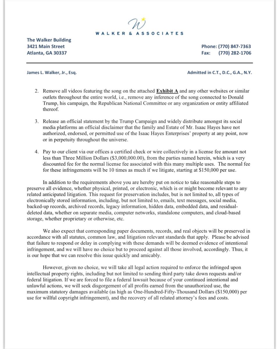 IsaacHayes3's tweet image. We the family of @isaachayes Isaac Hayes Enterprises, represented by Walker &amp;amp; Associates, are suing @realDonaldTrump and his campaign for 134 counts copyright infringement for the unauthorized use of the song “Hold On I’m Coming” at campaign rallies from 2022-2024. 

We demand…
