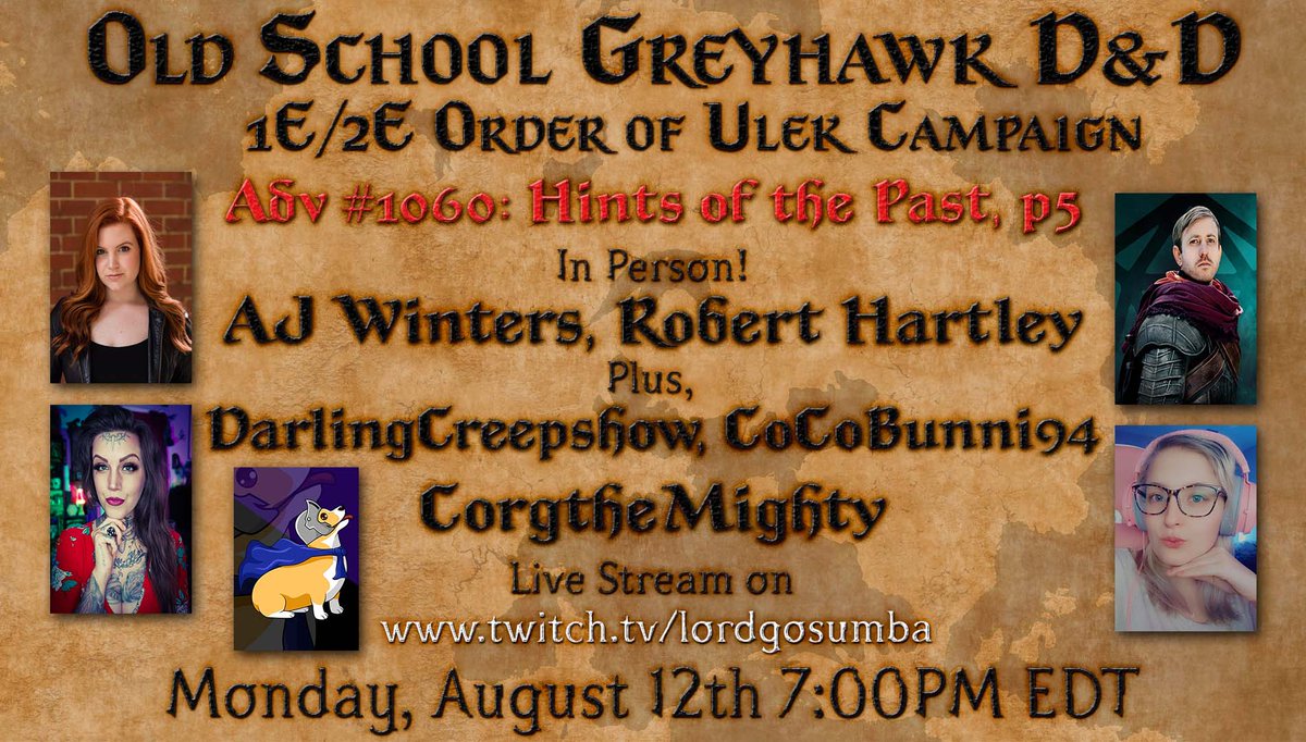 LordGosumba (@lgosumba) on Twitter photo Monday evening, join us for a Special #Greyhawk #dnd All-star Event! <a href="/RobertHartleyGM/">Robert Hartley</a> <a href="/AJWintersVO/">AJ Winters</a> will be here IN PERSON for Adv #1060: Hints of the Past, Part 5! Also <a href="/DCreepshow/">DarlingCreepshow</a> @CourtneyWads94 <a href="/corgthemighty/">Corg the Mighty</a> @billthemstrcrftr will be joining in the fun! What further secrets Monday evening, join us for a Special #Greyhawk #dnd All-star Event! <a href="/RobertHartleyGM/">Robert Hartley</a> <a href="/AJWintersVO/">AJ Winters</a> will be here IN PERSON for Adv #1060: Hints of the Past, Part 5! Also <a href="/DCreepshow/">DarlingCreepshow</a> @CourtneyWads94 <a href="/corgthemighty/">Corg the Mighty</a> @billthemstrcrftr will be joining in the fun! What further secrets