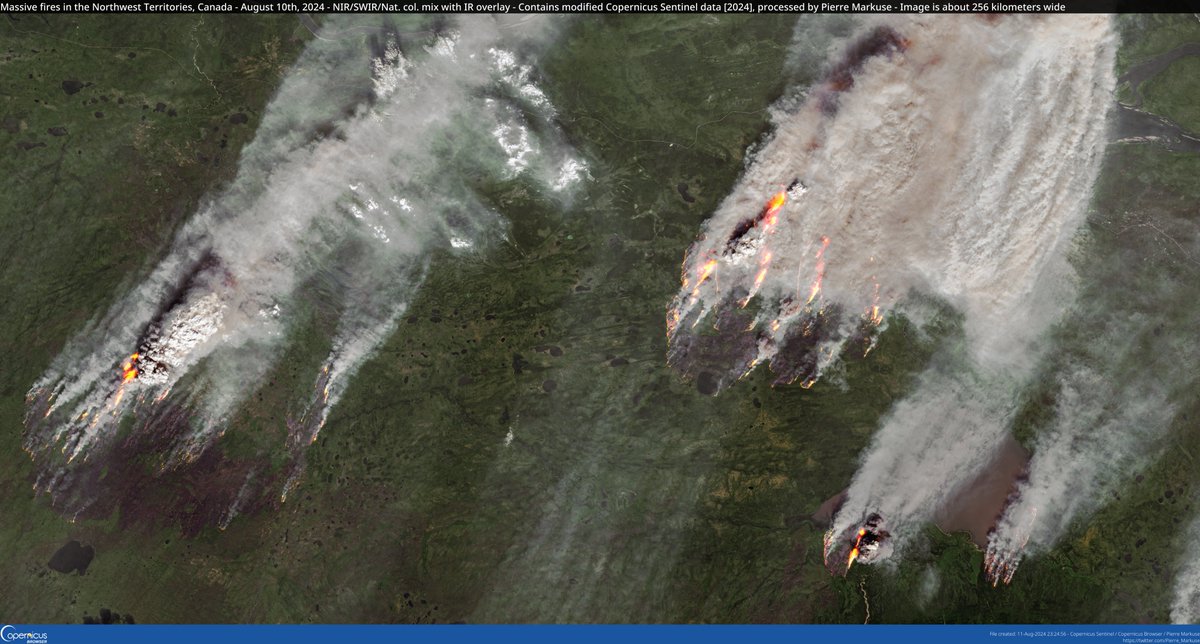 🟠 Massive fires🔥 in the #NorthwestTerritories, #Canada 🇨🇦 August 10th, 2024 #Copernicus🇪🇺 #Sentinel-2🛰️ Full-size ▶️ flic.kr/p/2q9nHvG #SciComm #OpenData Image is about 256 kilometers wide #fire #wildfire