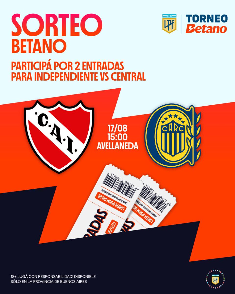elgrantipsterok's tweet photo. 😱🎟️ SORTEAMOS 2 ENTRADAS para #Independiente vs #RosarioCentral de la mano de @Betano_arg 

➡️ Seguí a @Betano_arg 
➡️ Seguinos y da RT 
➡️ Unite https://t.co/T12GlwBder

✍🏻 Tenes que Registrarte en Betano, residir en PBA y ser mayor de 18 años 🔞

#TorneoBetano #Afa #CAI #RC https://t.co/bcYuTUJHiw