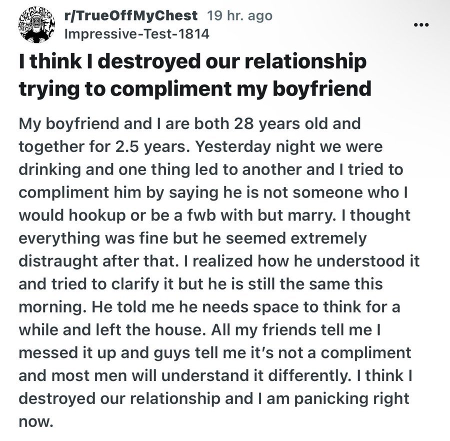 This has been causing an internet gender war for days now with men agreeing with the guy and women not understanding why and misinterpreting it to make the guys look bad.

It's simple: a man wants to be your everything. The act of comparison itself is an insult. What a man wants