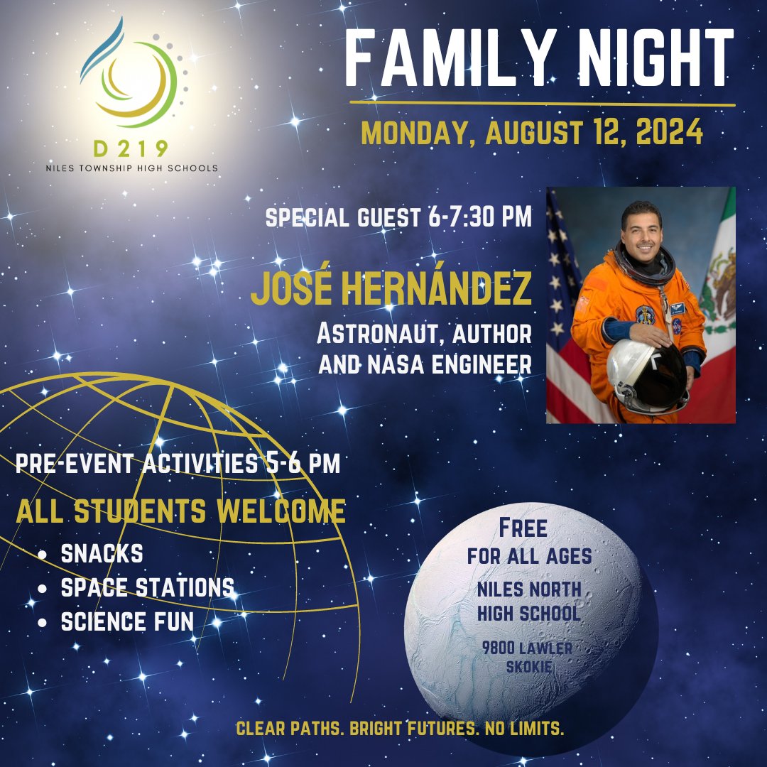 Reminder: Join us for Family Night tomorrow! Science activities and snacks begin at 5:00 pm. At 6:00pm, astronaut José M. Hernández shares his journey of flying in space! Free for all ages.

Visit niles219.org/family-night-w… for more details.