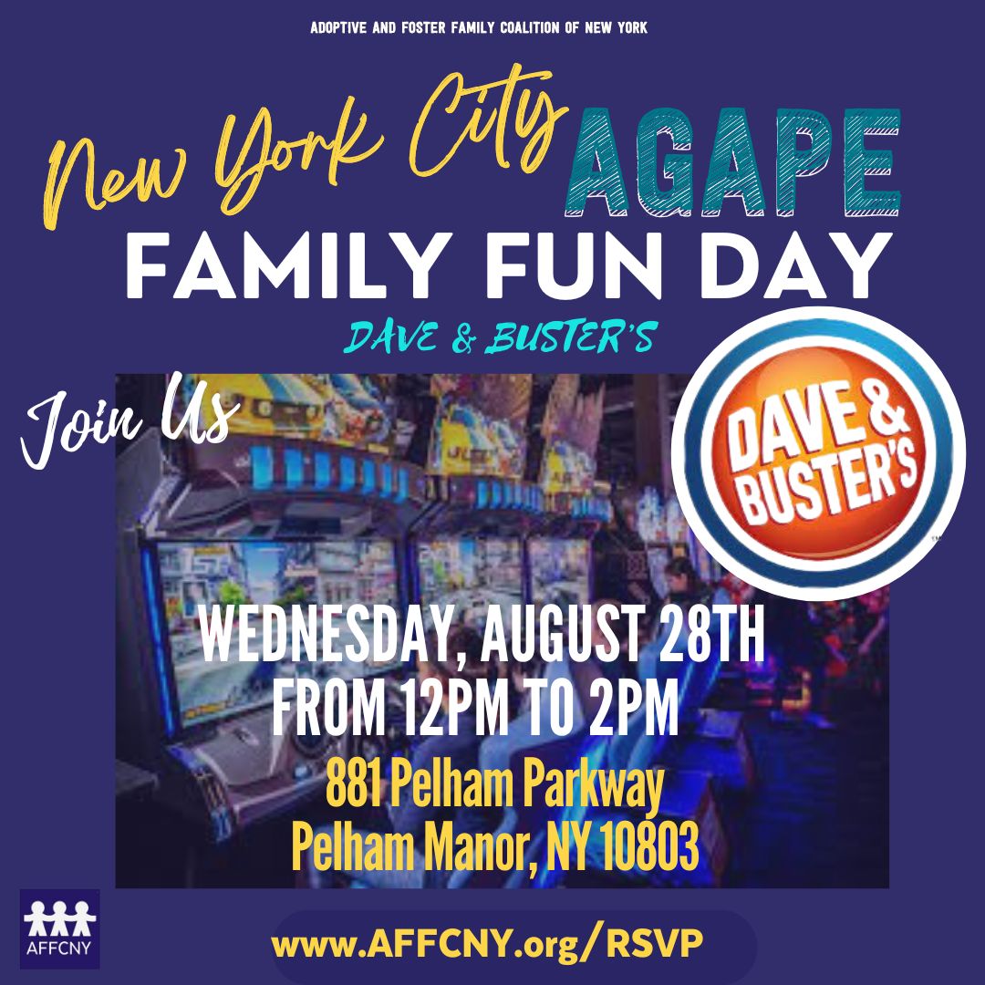AFFCNY's tweet photo. The New York City AGAPE Team invites all adoptive, foster, kinship and guardianship families to join us at Ddave and Buster's in Pelham for an afternoon of fun and networking on Wednesday, August 28th, from 12:00 PM - 2:00 PM.

Visit https://t.co/6o5d7F08f1 to register now! https://t.co/N9dxagFXvi