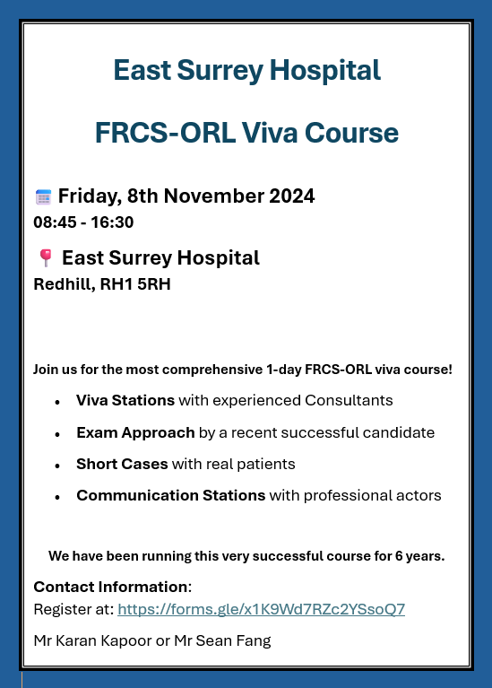 The East Surrey FRCS Viva course will be held on 8th Novemebr 2024. 
You can attend as a candidate or a observer
Sign up soon as only a few places left.
forms.gle/nsDq9RNYckycSG…