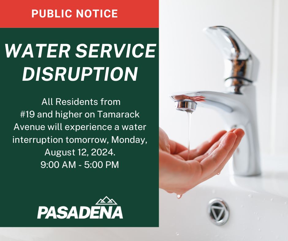 All Residents from#19 and higher on Tamarack Avenue will experience a water service interruption tomorrow, Monday, August 12, 2024.9:00 AM - 5:00 PM