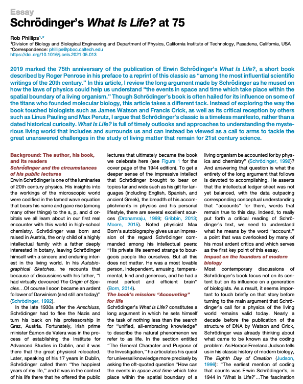 NikoMcCarty's tweet photo. 30 Essays to Make You Love Biology

Day 9. "Schrodinger’s What Is Life? at 75" by Rob Phillips.

"Names such as physics and biology are a strictly human conceit, and the understanding of the phenomenon of life might require us to blur the boundaries between these fields." https://t.co/kbU3RbevEb