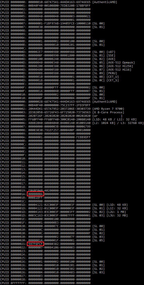 InstLatX64's tweet photo. #AMD #Zen5 #GraniteRidge #Ryzen 7 9700X CPUID dump with undocumented bits:
https://t.co/3moO9TgBI1 https://t.co/foETmvBP3Q
