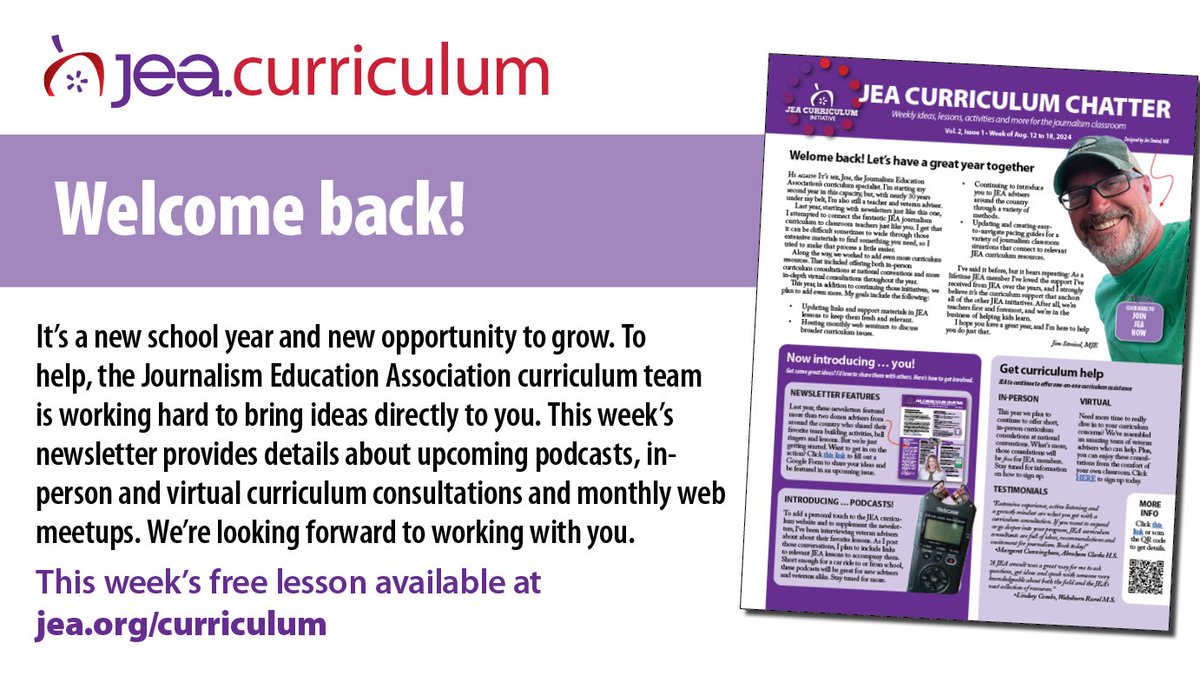 Curriculum focus Aug. 12 to 18: Welcome back. We've got so much in store for you to help with your curriculum needs. This week's newsletter gives you the details. Find more at: jea.org/curriculum