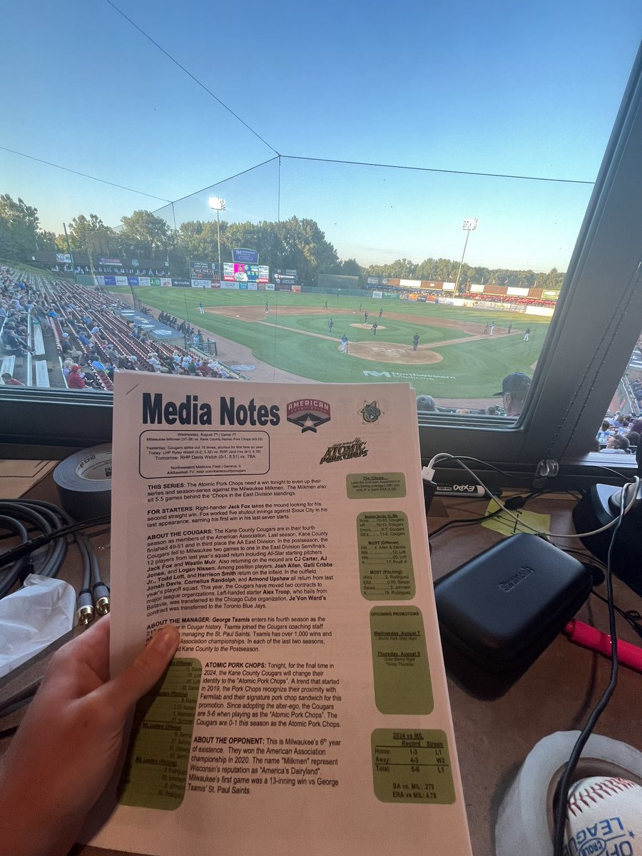 MikeySeversonMU's tweet photo. Last Wednesday, I got the opportunity to shadow @Joe_Brand1 and @CClingen14 in the Kane County Cougars’ broadcast booth as part of my internship. 

I’m grateful for the experience to learn more about broadcasting, independent baseball, and sports communications as a whole. https://t.co/jQFyaKh2ko