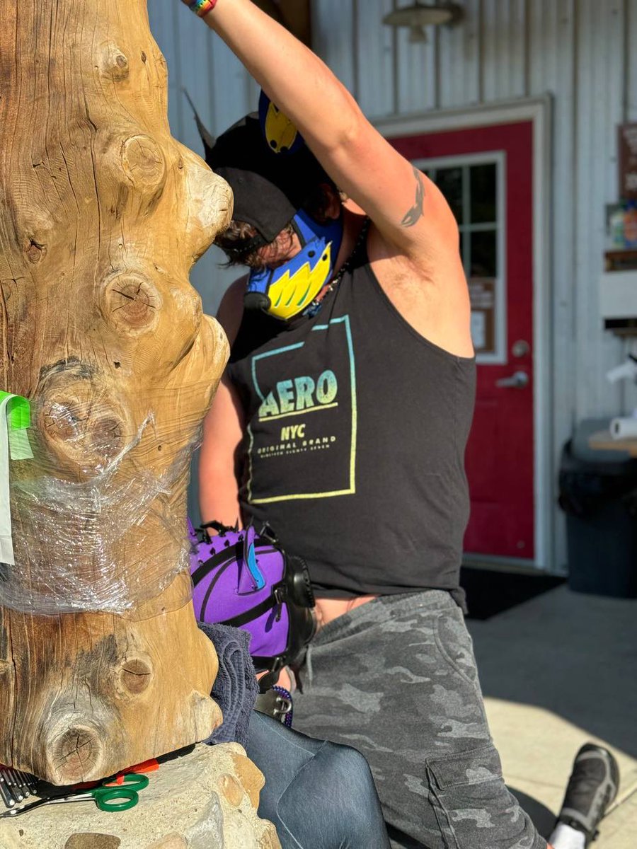 PupLink1's tweet photo. While waiting for breakfast at camp, I found @PupTraxx was also waiting for some sausage. Was shackled and tied to a post so I felt bad and had to feed the puppy. https://t.co/Bt6EcSmTxE