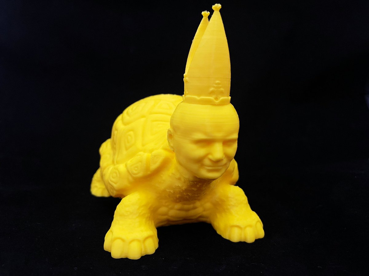 DMedyk3's tweet photo. Some requests are stranger than others. This is a meshmix of a turtle, pope head and Miriel Pastor of Vows hat. It's a meme that went too far... Printed on Prusa i3 Mk3s with @Fiberlogy PLA yellow #medyk3D #3D #3DPrint #3DPrinting #3DPrinter #3DPrinted #druk3D https://t.co/QzfqrDgC0U