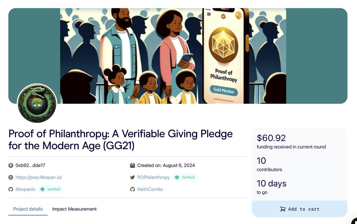 Please support our #opensource work to create a verifiable giving pledge using dynamic #NFTs - in the current #web3 grants ecosystem round now! You can support on <a href="/arbitrum/">Arbitrum</a> and connecting your  <a href="/gitcoinpassport/">Human Passport</a> will enable quadratically matched funding!  
explorer.gitcoin.co/?utm_source=gr…