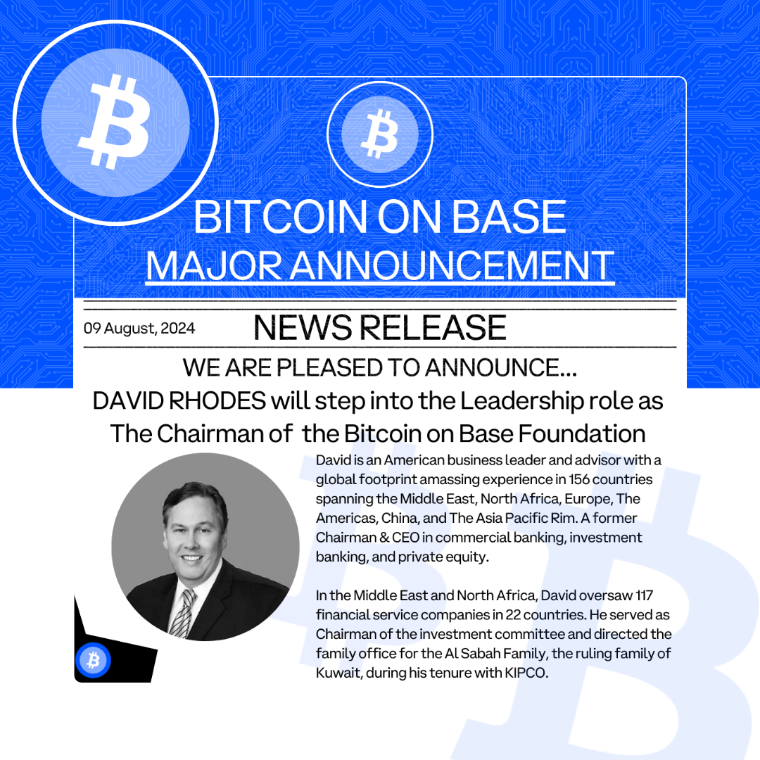 Ninjafromqueens's tweet photo. 🚨 Bitcoin on Base has just announced our new Chairman of the Bitcoin on Base Foundation: David Rhodes! 🚀

David brings a wealth of experience from his global leadership roles, including Chairman of Evergreen Fund and CEO of US Safeguards. Stay tuned for exciting developments under his leadership!

#BitcoinOnBase #Leadership #Crypto #bytezign
