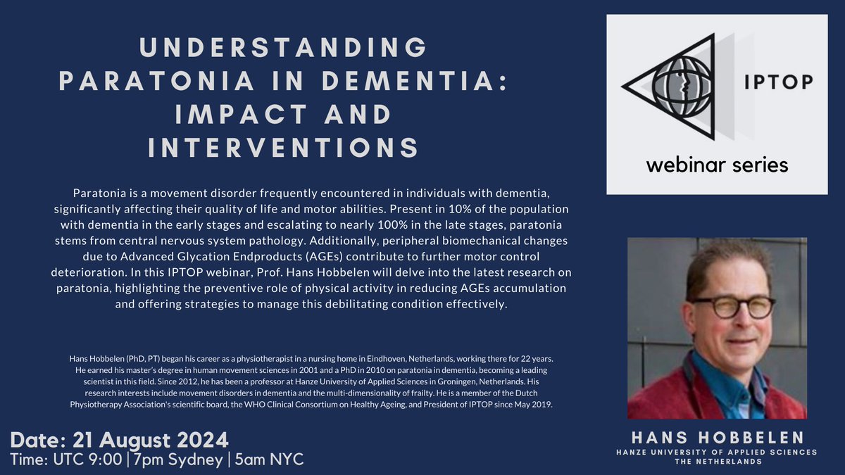 IPTOP (@iptopphysio) on Twitter photo The next in our IPTOP Webinar Series is open for booking!
Understanding Paratonia in Dementia: Impact and Interventions on Wed 21st Aug at 9.00 UTC
Register here now: monash.zoom.us/webinar/regist…
<a href="/AGILECSP/">AGILE</a> <a href="/APTA_Geriatrics/">APTA_Geriatrics</a> <a href="/CPASeniors/">Seniors Health Division of CPA</a> <a href="/CPNG_ISCP/">CPNG</a> <a href="/jsptp/">JSPTP 日本予防理学療法学会</a> @geriatrieft <a href="/TPTA_Taiwan/">TPTA (Taiwan Physical Therapy Association)</a> The next in our IPTOP Webinar Series is open for booking!
Understanding Paratonia in Dementia: Impact and Interventions on Wed 21st Aug at 9.00 UTC
Register here now: monash.zoom.us/webinar/regist…
<a href="/AGILECSP/">AGILE</a> <a href="/APTA_Geriatrics/">APTA_Geriatrics</a> <a href="/CPASeniors/">Seniors Health Division of CPA</a> <a href="/CPNG_ISCP/">CPNG</a> <a href="/jsptp/">JSPTP 日本予防理学療法学会</a> @geriatrieft <a href="/TPTA_Taiwan/">TPTA (Taiwan Physical Therapy Association)</a>