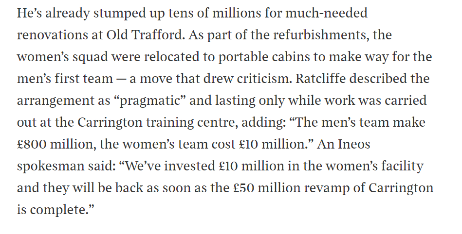 KathrynBatte's tweet photo. Jim Ratcliffe speaking to the Sunday Times on moving Manchester United's women's team out of their training facility to portable buildings to make way for the men's first team: 

'The men's team make £800million, the women's team cost £10million.'

Link: https://t.co/Wh2Wfb6oKL https://t.co/MbGBuHXt8j
