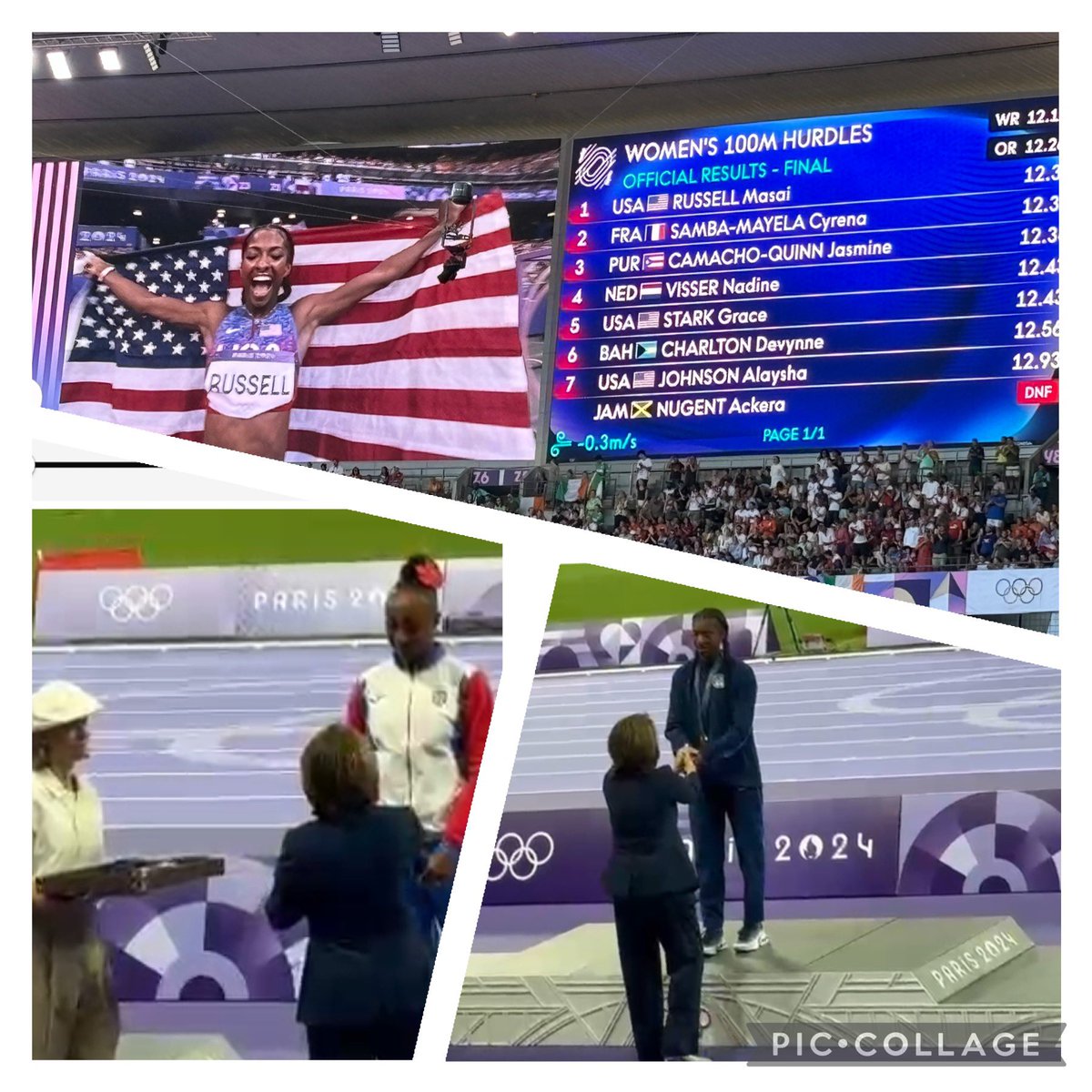 Laura_Ch's tweet photo. Al honor de entregar medallas en #Natación 🏊‍♀️y en #GimnasiaArtistica 🤸‍♀️ se sumó el de hacerlo en #Atletismo 🏃🏾‍♀️en la última jornada de los #JuegosOlímpicos de #Paris2024 
 
Las campeonas de 100 metros vallas estremecieron a un estadio lleno. 
#MassaiRusell 🇺🇸
#SambaMayelaCyrena 🇫🇷
#CamachoJazmine 🇵🇷
