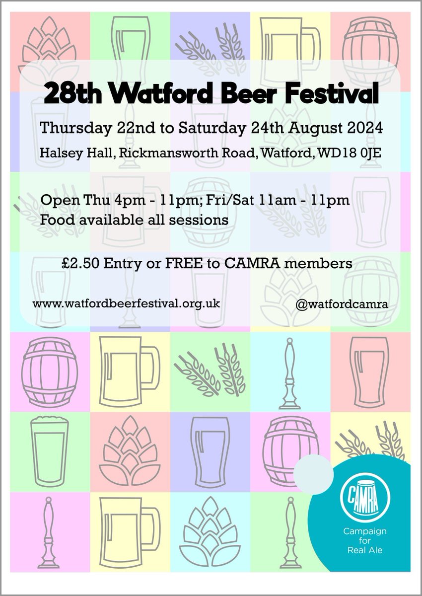 More beer festival fun later this month as the Watford Beer Festival returns. It takes place at Halsey Masonic Hall, Rickmansworth Rd, Watford, WD18 0JE from Thursday 22nd to Saturday 24th August. More details at buff.ly/3qm02Ip.
