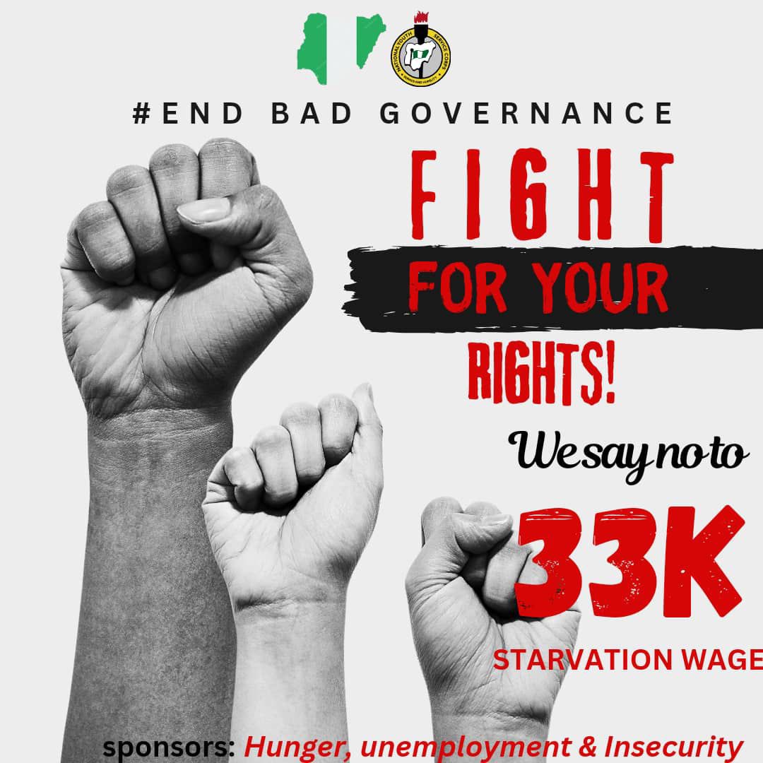 Fsquare88042329's tweet photo. We won’t agree to 33k… 33k is not even enough for the cost of feeding in  a month … How will this government expect us to split 33k within one month? To do what? 

Cancel Nysc or PAY 77k…

#EndBadGovernaceInNigeria 
#Nysccorpers 
#protest https://t.co/fGf9gCKG5S