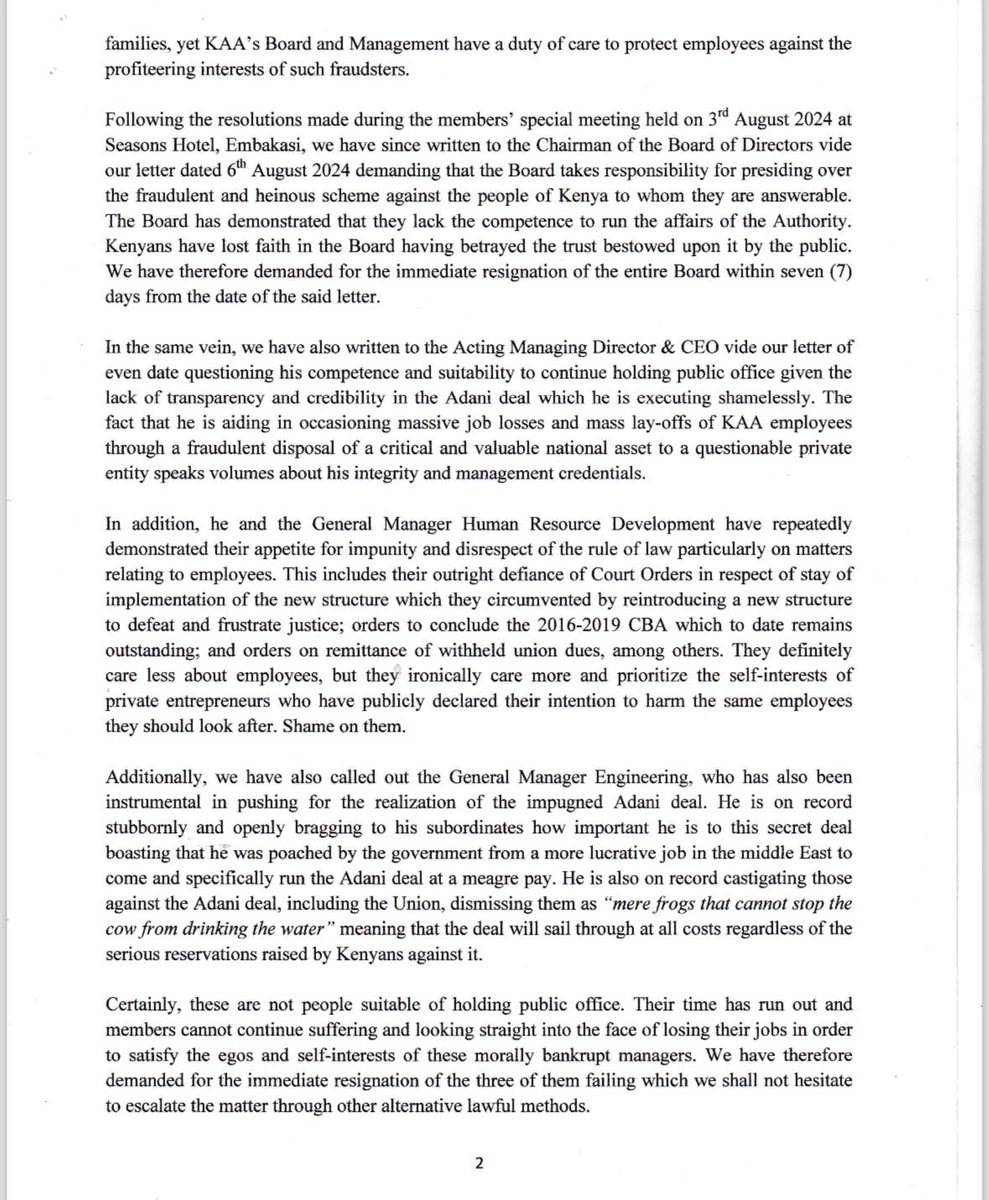 PropesaTv's tweet photo. The Kenya Aviation Workers Union disputes the Adani deal and will proceed to the KAA Head Office at 8 am to present and deliver a formal strike notice to the management. Hakuna kupumzika. Occupy JKIA https://t.co/gSuheKBwAa