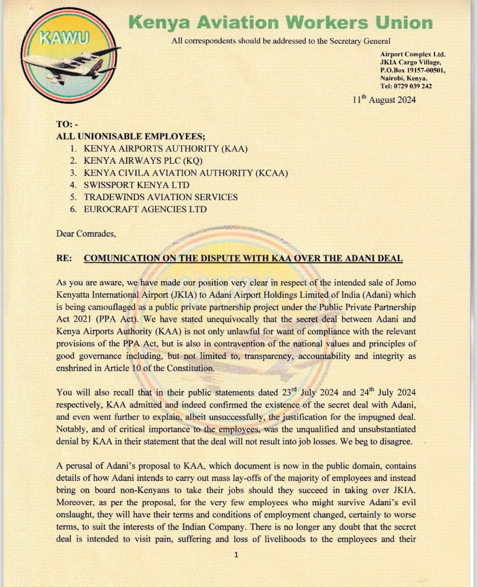 PropesaTv's tweet photo. The Kenya Aviation Workers Union disputes the Adani deal and will proceed to the KAA Head Office at 8 am to present and deliver a formal strike notice to the management. Hakuna kupumzika. Occupy JKIA https://t.co/gSuheKBwAa