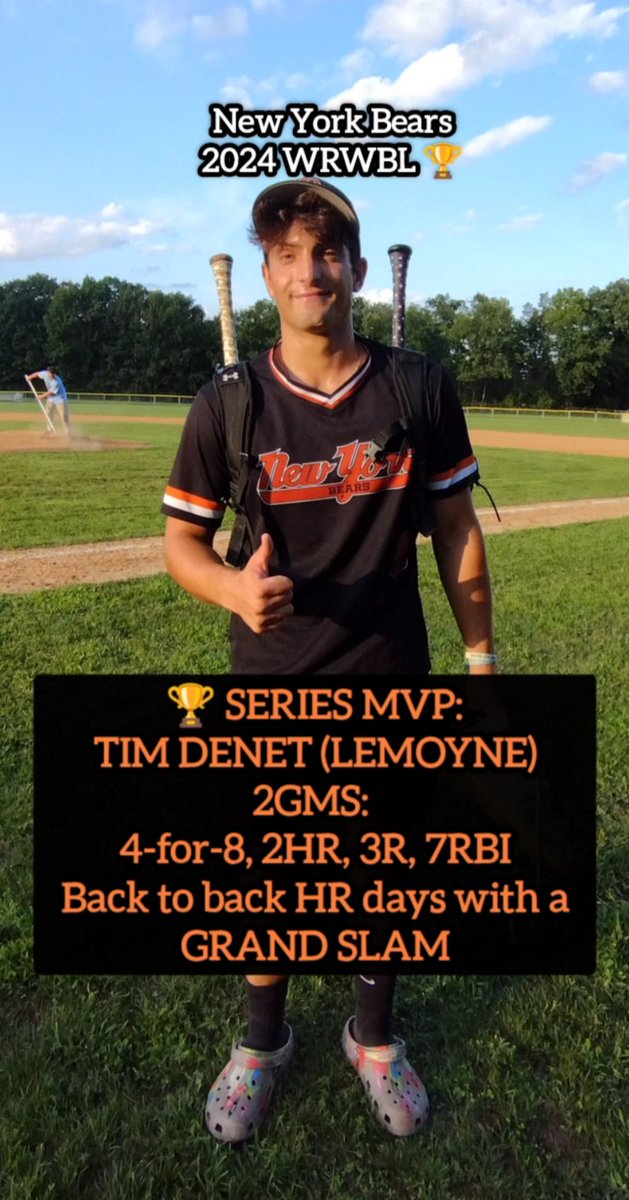 @NYBearsWRWBL <a href="/WRWBL/">WRWBL</a> <a href="/EliNegron4/">Eli Negron</a> <a href="/tim_denet/">Tim Denet</a> The local collegiate summer baseball season goes out with a bang with the New York Bears taking the <a href="/WRWBL/">WRWBL</a> 🏆!
Knew this was going to be a special team early on... 
Breakout summer for my Chip MVP 📸<a href="/tim_denet/">Tim Denet</a> (<a href="/LeMoyneBaseball/">Le Moyne Baseball</a> signee)/'24 <a href="/GaelsBaseball/">Iona Prep Baseball</a>)
<a href="/ParkerGibbons4/">Parker Gibbons</a> 🔥🥂